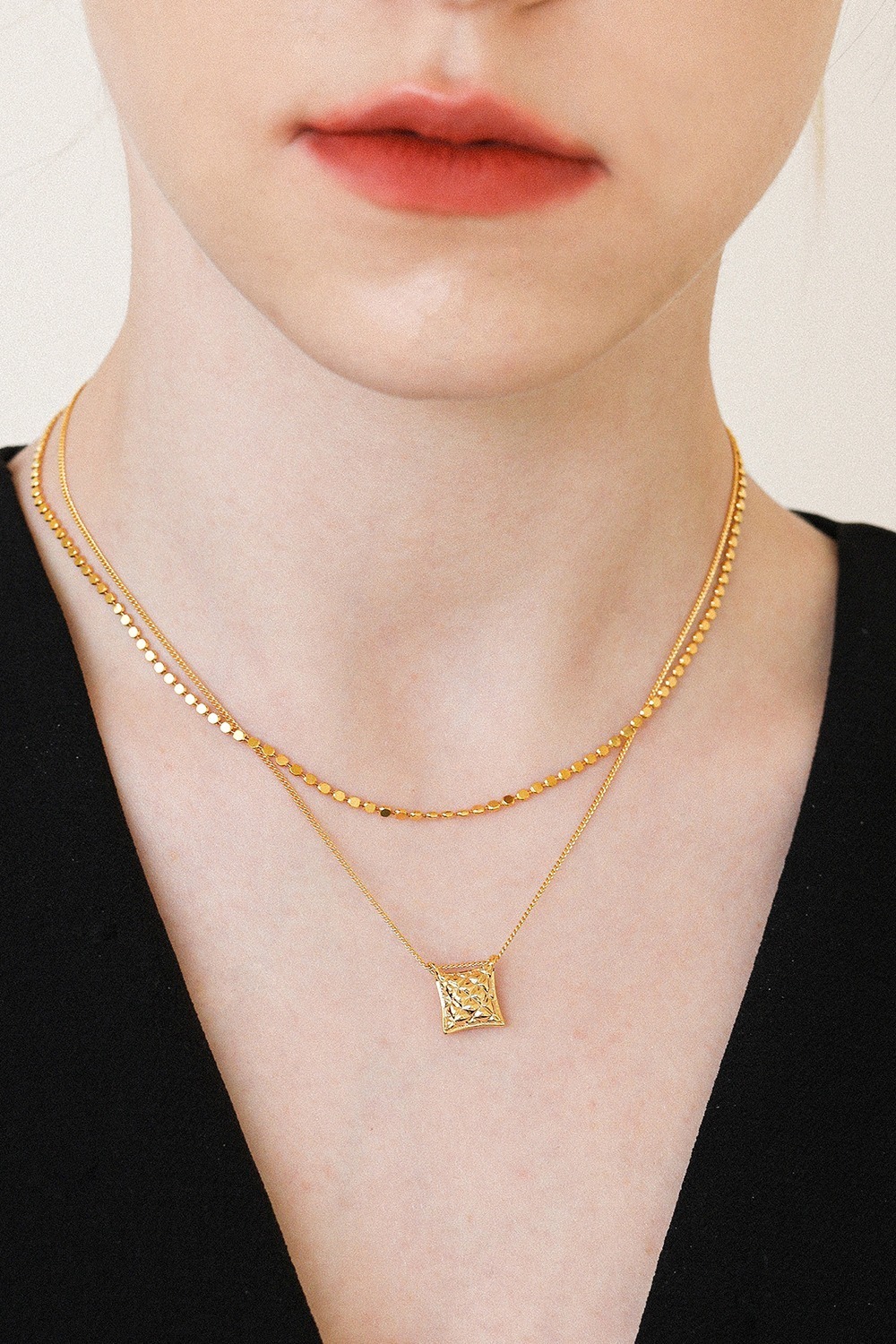 check pendant layered chain necklace N033